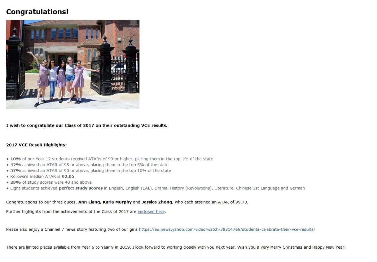 中学 | 2017年度VCE高考杰出成绩—澳洲顶尖女校Korowa Anglican Girls' School